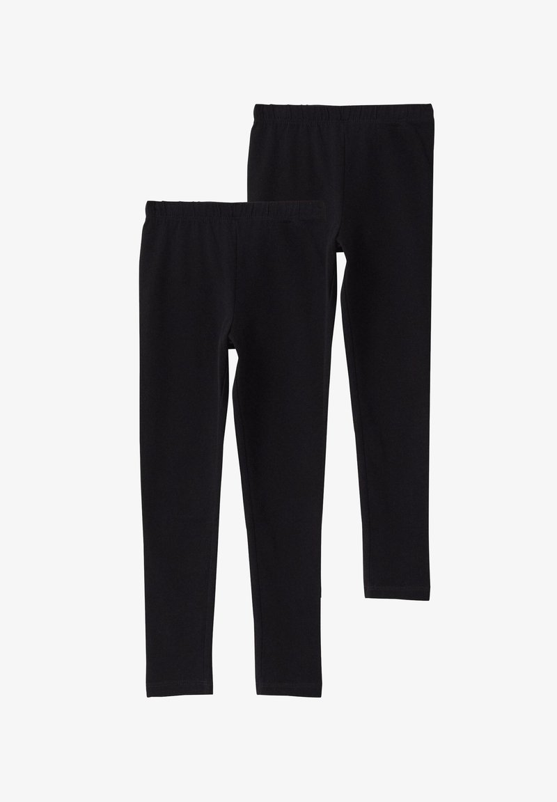 Deux paires de leggings noirs unis à taille élastique, présentées à plat avec une paire légèrement superposée à l'autre.