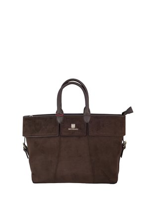 Dunkelbraune Ledertasche mit zwei Griffen, oberem Reißverschluss und mittig unter den Griffen angebrachter Metall-Logo-Plakette.