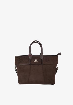 Dunkelbraune Ledertasche mit zwei Griffen, oberem Reißverschluss und mittig unter den Griffen angebrachter Metall-Logo-Plakette.