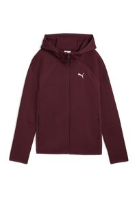 Maroon zip-up hooded jacket with a smooth texture, featuring contrasting raglan sleeves and a white logo on the chest.