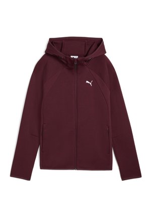Veste à capuche zippée bordeaux avec une texture lisse, dotée de manches raglan contrastantes et d'un logo blanc sur la poitrine.