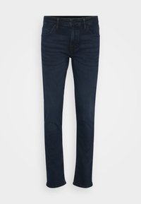 Dark blue jeans with a straight-leg cut, featuring a classic five-pocket design, metal button, and belt loops at the waist.