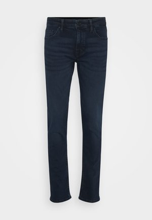 Donkerblauwe jeans met een rechte pijp, voorzien van een klassiek vijf-pocketdesign, metalen knoop en riemlussen in de taille.