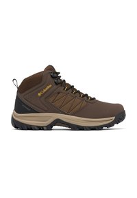 Brązowe, wodoodporne buty trekkingowe z teksturowaną cholewką, wyściełanym kołnierzem oraz trwałą gumową podeszwą z bieżnikiem zapewniającym przyczepność. Akcenty w kolorze żółtym.