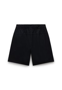 Pantaloni neri corti con vita elastica, taglio dritto e texture liscia. Design semplice senza ulteriori motivi o accessori.