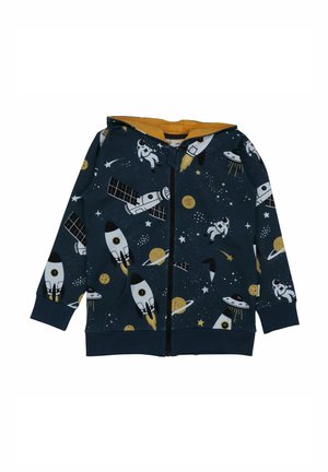Navy zip-up hoodie with yellow interior, featuring a space theme: rockets, planets, astronauts, and satellites in contrasting colors.