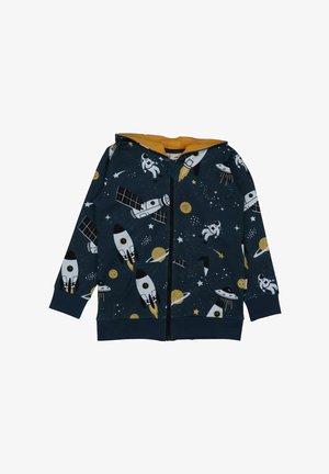 Navy zip-up hoodie with yellow interior, featuring a space theme: rockets, planets, astronauts, and satellites in contrasting colors.