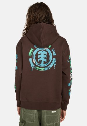Brown hoodie featuring a large blue graphic and colorful accents on the sleeves. Made of cotton, it has a relaxed fit and a hood.