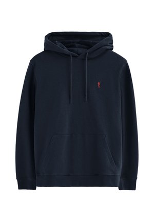 Felpa blu navy in misto cotone, presenta una tasca frontale, cappuccio con coulisse e un piccolo logo rosso sul petto. Texture liscia, vestibilità comoda.