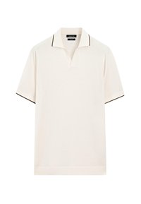 Polo in colore crema con scollo a V e bordo scuro a contrasto su colletto e maniche. Tessuto morbido, maniche corte.