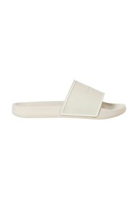 Sandale slide beige avec une large bride et une semelle intérieure légèrement texturée, conçue pour un usage décontracté et un enfilage facile.