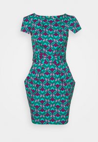 Robe ajustée en tissu coloré avec un motif floral en turquoise, rose et violet. Manches courtes et poches latérales. Fermeture éclair au dos.