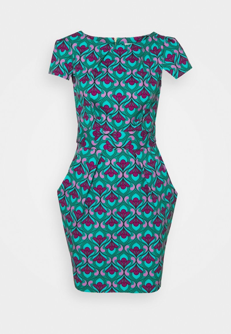 Robe ajustée en tissu coloré avec un motif floral en turquoise, rose et violet. Manches courtes et poches latérales. Fermeture éclair au dos.