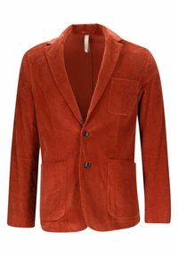 Roestkleurige corduroy blazer met twee voorzakken, een enkele borstzak en geknipte revers. Voorzien van zwarte knopen en een gestructureerde afwerking.