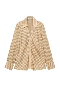 Camicia a maniche lunghe, con bottoni, di colore beige con righe verticali bianche, caratterizzata da un colletto elegante e una vestibilità rilassata. Tessuto morbido e leggero.