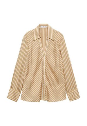 Long-sleeve, button-up shirt in beige with white vertical stripes, featuring a sharp collar and a relaxed fit. Smooth, lightweight fabric.