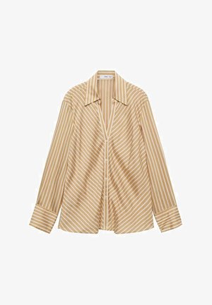 Long-sleeve, button-up shirt in beige with white vertical stripes, featuring a sharp collar and a relaxed fit. Smooth, lightweight fabric.