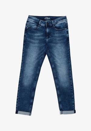 Dunkelblaue Jeans aus Denim mit verwaschenem Look, Vordertaschen, Knopfverschluss und aufgerollten Bündchen.