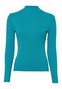 Tummansiniset ribbed pitkähihainen neule, jossa on korkea kaula-aukko, kapea muotoilu ja sileä pinta. Säilyttää saumattoman, vartalonmyötäisen siluetin.