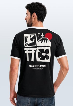 Neverless, HERREN T-SHIRT RETRO KONTRASTBUND - DESIGN JAPAN FUJI - - Print T-shirt - slim-fit schwarz-weiß