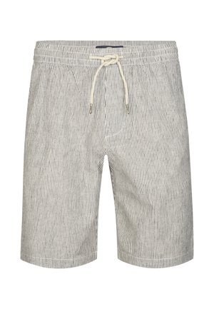Pantalones cortos de hombre a rayas en tela gris claro y blanca, con cintura elástica con cordón y bolsillos laterales.