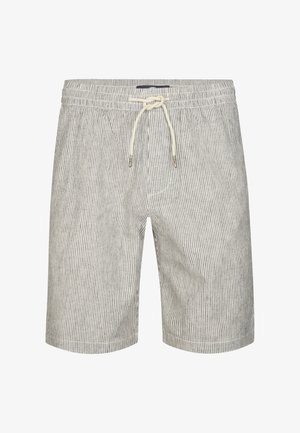 Szorty męskie w paski, wykonane z jasnoszarego i białego materiału, z elastycznym paskiem w talii z sznurkiem oraz bocznymi kieszeniami.
