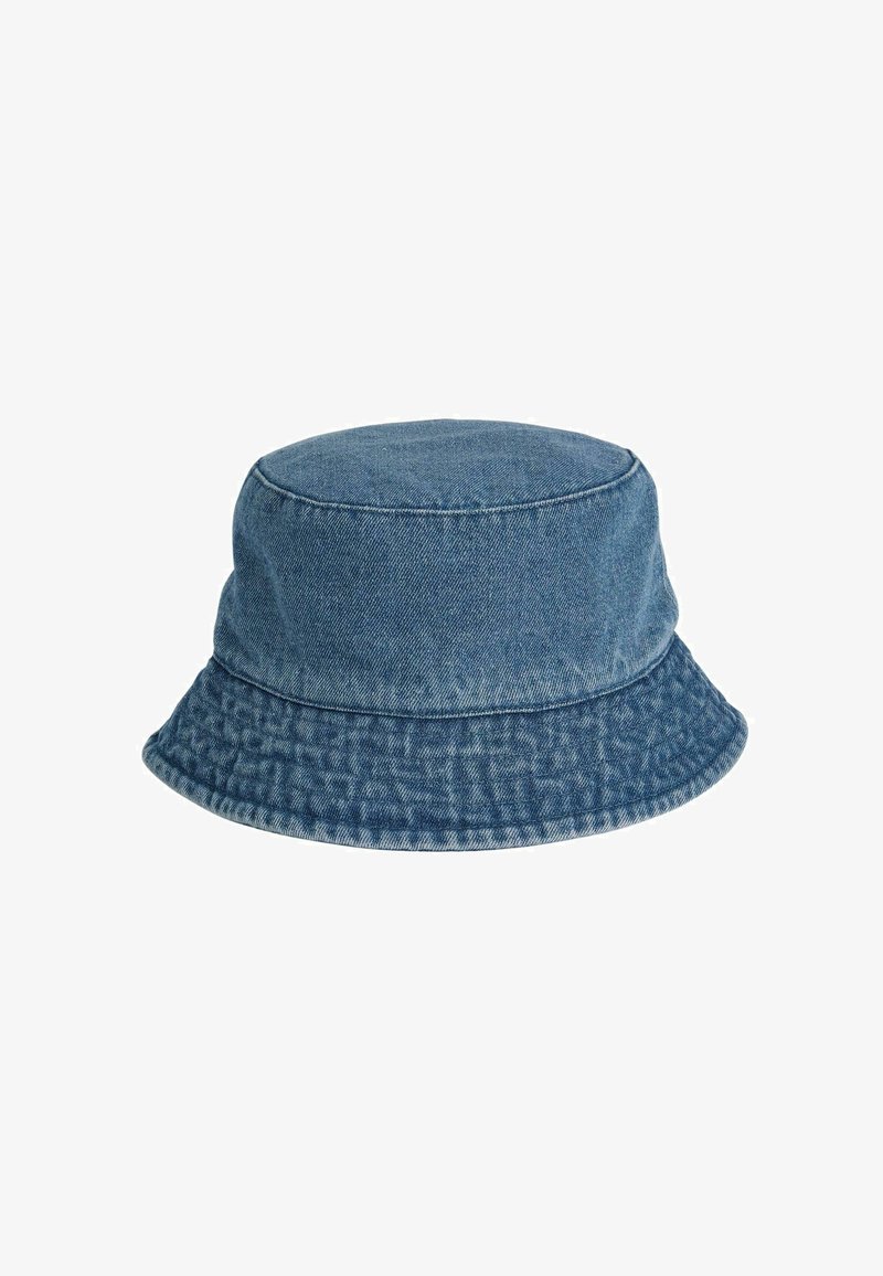 Blauer Denim-Bucket-Hat mit geradem Oberteil, breiter Krempe und strukturiertem Material. Bietet ein entspanntes, lässiges Design ohne sichtbare Beschläge.