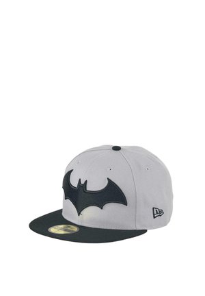 Grey and black cap with a large black bat symbol on the front and a curved flat brim.