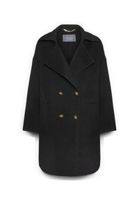 Abrigo negro de lana de doble botonadura con amplios solapas, dos bolsillos frontales y botones dorados para el cierre.