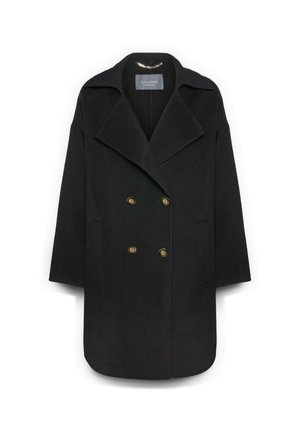 Czarny podwójny płaszcz wykonany z wełny, z dużymi klapami, dwiema przednimi kieszeniami i złocistymi guzikami do zapięcia.