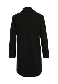 Cappotto di lana nera con colletto classico, maniche lunghe e taglio dritto. Texture liscia senza motivi o accenti visibili.
