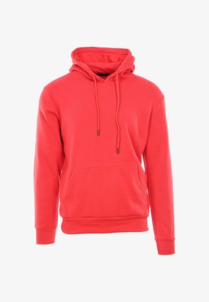 Felpa con cappuccio rosso, realizzata in tessuto morbido, dotata di tasca a marsupio, cappuccio regolabile con cordino e polsini e orlo a coste.