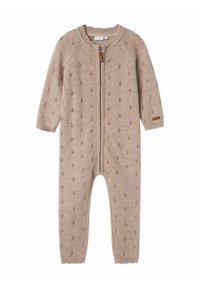 Beige Strick-Einteiler mit durchgehendem Reißverschluss, ausgestattet mit einem Rautenmuster, gerippten Bündchen und einem Lederlabel am Ärmel.