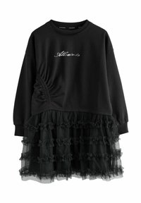 Mustmustükk, millel on kokku tõmmatud küljetuba, kihiline tülliseelik, mida kaunistavad rippuvad detailid ja brodeeritud brändingu elemendid.