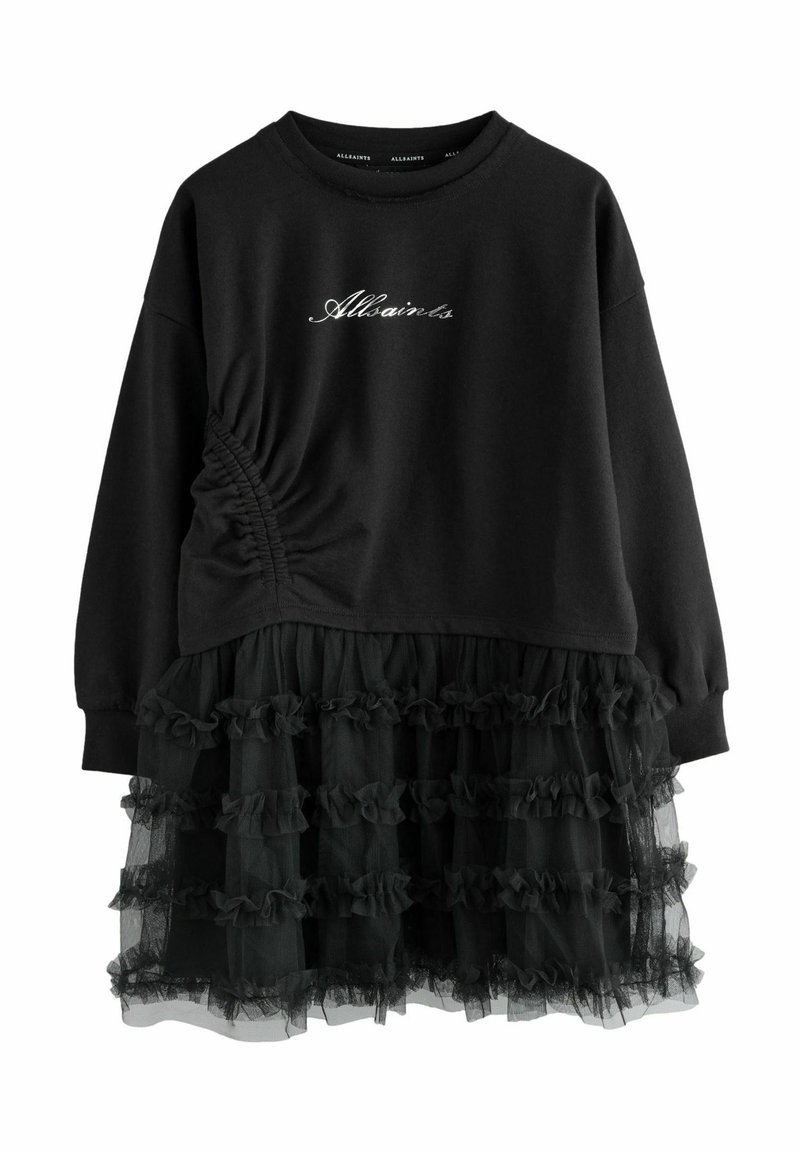 Mustmustükk, millel on kokku tõmmatud küljetuba, kihiline tülliseelik, mida kaunistavad rippuvad detailid ja brodeeritud brändingu elemendid.