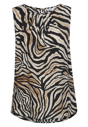 Ermeløs top med et zebrastribet mønster i sort, beige og brun. Lavet af letvægtsstof med en nøglehulldetalje ved halsudskæringen.