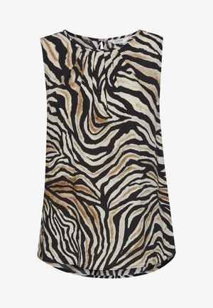 Ermeløs top med et zebrastribet mønster i sort, beige og brun. Lavet af letvægtsstof med en nøglehulldetalje ved halsudskæringen.