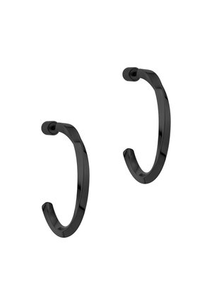 Boucles d'oreilles créoles noires avec une finition lisse et brillante. Elles présentent une forme ronde et un design sans couture, d'environ 3 cm de diamètre.