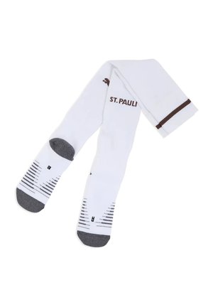 Weiße knielange Socken mit grauen Zehen und Fersen, schwarzen Streifen und braunem "ST. PAULI" Text nahe der Spitze auf einem weißen Hintergrund.