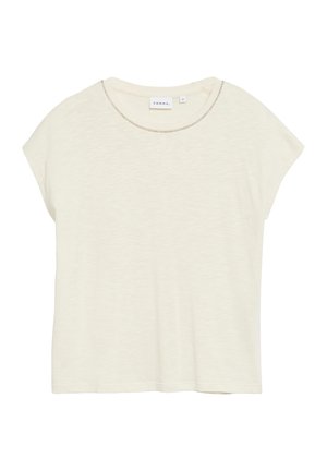 Cream short-sleeve women's top with round neckline and subtle stitched trim, size 36, brand label "Comma."