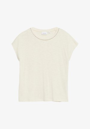 Cremefarbener Damenoberteil mit kurzen Ärmeln, rundem Ausschnitt und dezentem Ziernähten, Größe 36, Markenetikett "Comma".