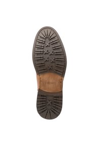 Bruine leren schoenzool, met een gestructureerde rubberen loopvlak met kruispatronen, gevormde randen en maatmarkering "42" op de onderzijde.