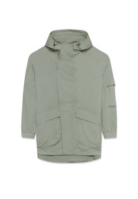 Světlé zelená, lehká bunda s vysokým límcem, elastickými manžetami, dvěma velkými předními kapsami a volným střihem.