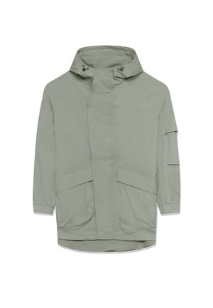 Geacă ușoară de culoare verde deschis, cu guler înalt, manșete elastice, două buzunare mari frontale și croială lejeră.