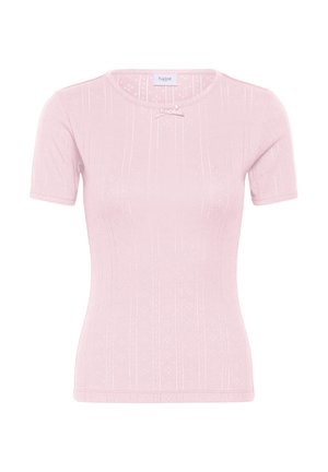 Top roz pal cu mâneci scurte, croială mulată, cu un model floral texturat subtil și detaliu cu fundiță mică sub gâtul rotund.