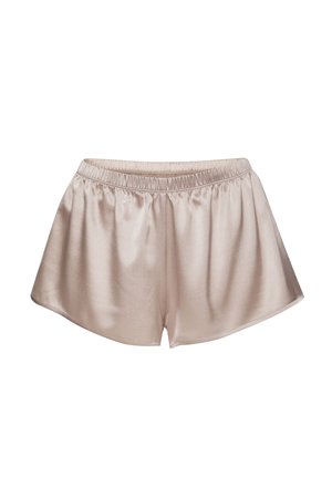 Satijnen shorts in een zachte beige kleur met een elastische tailleband, met een vloeiend ontwerp en een gladde textuur. Ideaal voor loungewear of slaap.