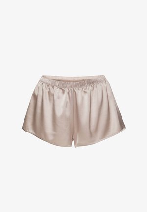 Satijnen shorts in een zachte beige kleur met een elastische tailleband, met een vloeiend ontwerp en een gladde textuur. Ideaal voor loungewear of slaap.