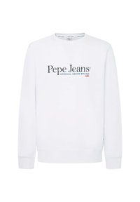 Sudadera blanca de cuello redondo hecha de algodón, con el logo de "Pepe Jeans" en azul marino y el texto "ORIGINAL DENIM BRAND" debajo. Diseño simple, mangas largas.