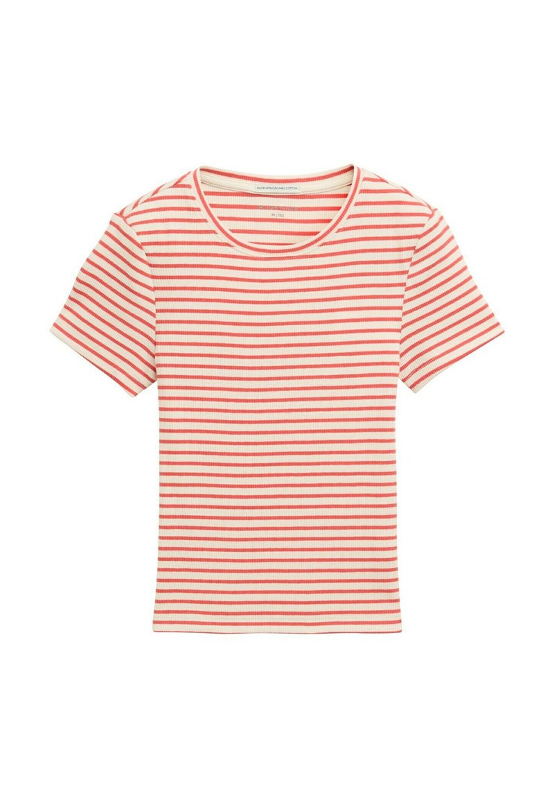 Randig bomull T-shirt med rund halsringning, med horisontella röda och vita ränder. Korta ärmar och en figurnära passform.