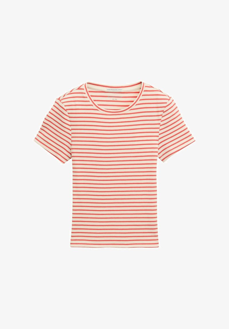 Camiseta de algodón a rayas con cuello redondo, que presenta rayas horizontales rojas y blancas. Mangas cortas y forma ajustada.